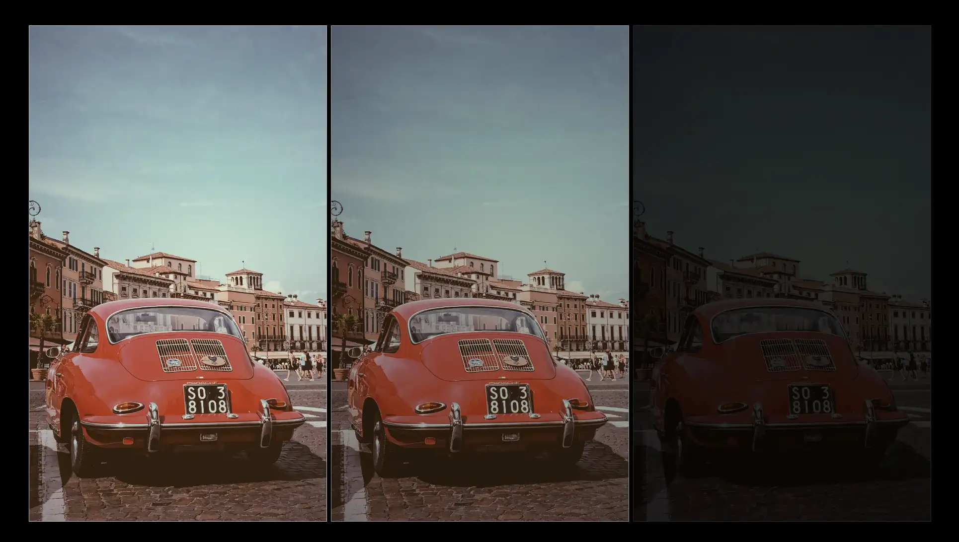 Three identical photos of a red car with old buildings in Verona city, Italy. The first photo displays original colors. The second has opacity set to 80%, and the third has opacity set to 20%. The white background affects the opacity.