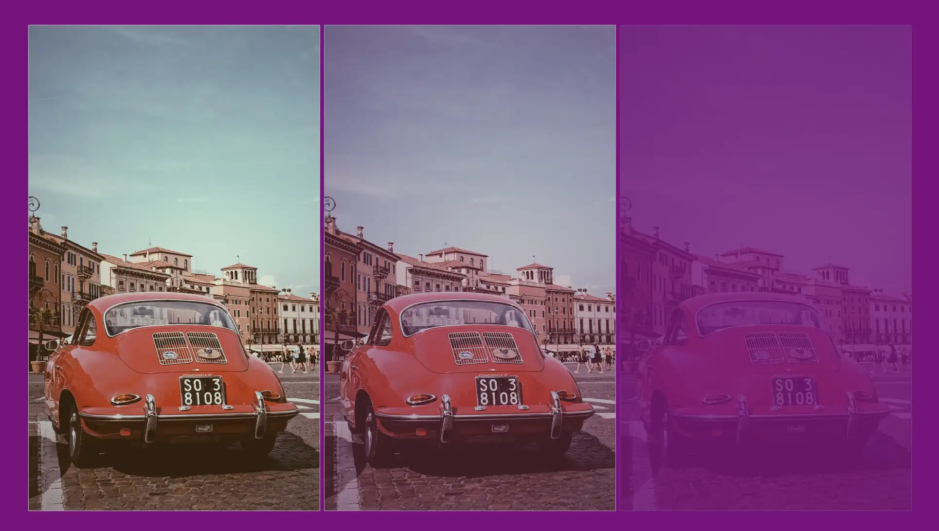 Red car with old buildings in Verona city, Italy, demonstrating CSS opacity filter effects. Three photos: original colors, 80% opacity, and 20% opacity against a purple background.