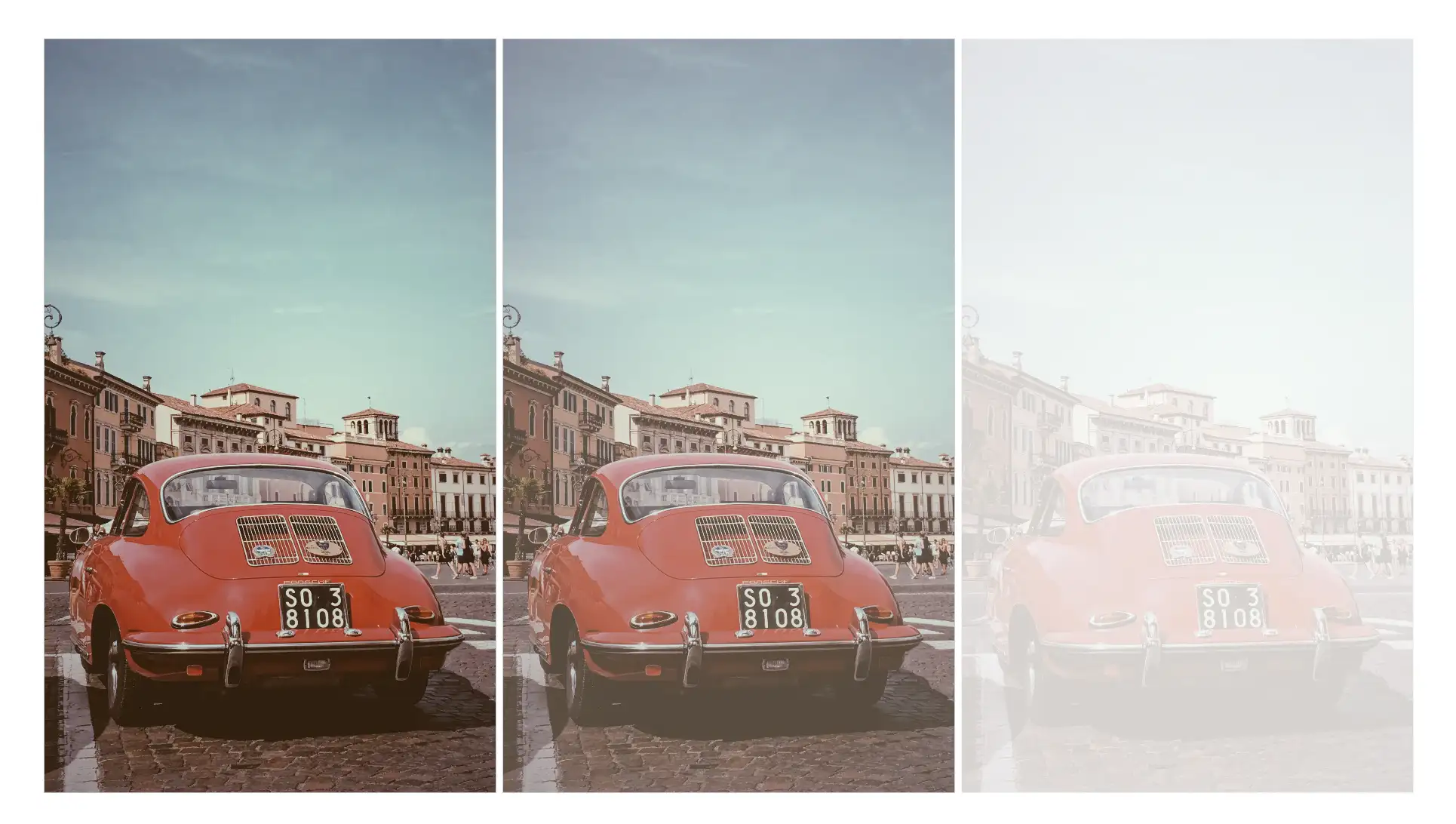 This image shows three identical photos. All photos shown a red car with old buildings as a background.This photo was captured in Verona city Italy. The first photo has the original colors. The second has set the filter: opacity(80%); CSS property while the third has set the filter: opacity(20%);. Additionally the background has color white which affects the opacity.