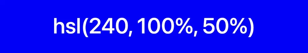 CSS color methods: This image shows a box with color blue. In the center it has the title: hsl(240, 100%, 50%).