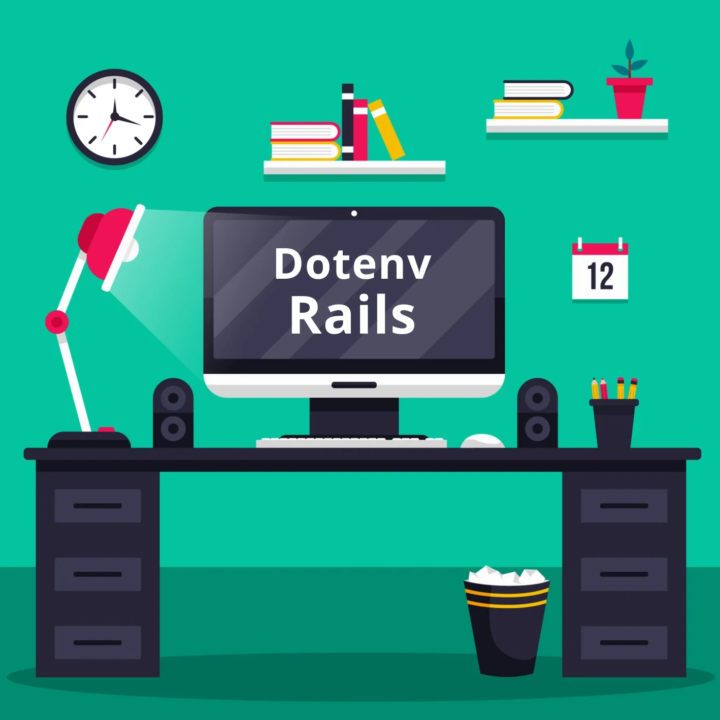 Computer screen displaying "Dotenv in Rails" on an office desk