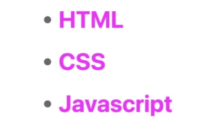 This image displays an unordered list with three magenta-colored list items. The bullets have the CSS grayscale filter set to 90%, making them appear in grayish shades.