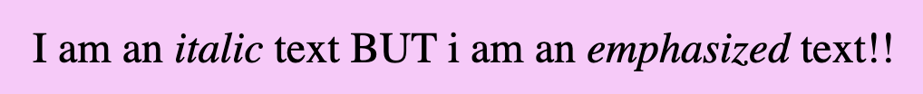 An image showing a pink box with the sentence 'I am an italic text BUT I am an emphasized text'. The word italic is formatted in italic and the word emphasized is formatted in emphasized.