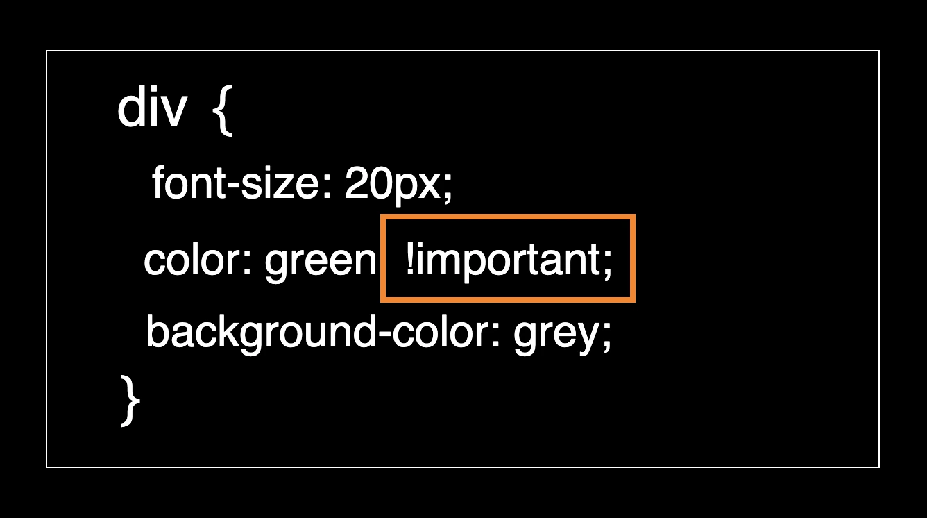 This image shows an explanation about the unique CSS !important property (color: green !important;).