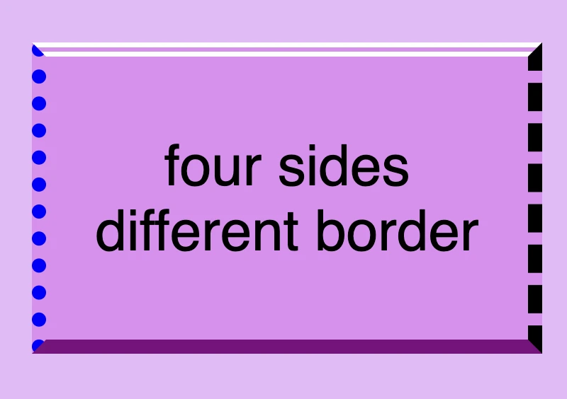 Border styles css: This image shows a box with a 10px double white border-top, a 10px solid purple border-bottom, a 10px dashed black border-right and a 10px dotted blue border-left.