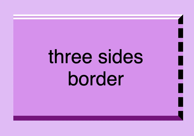 Border styles css: This image shows a box with a 10px double white border-top, a 10px solid purple border-bottom and a 10px dashed black border-right. Border-left has value none.