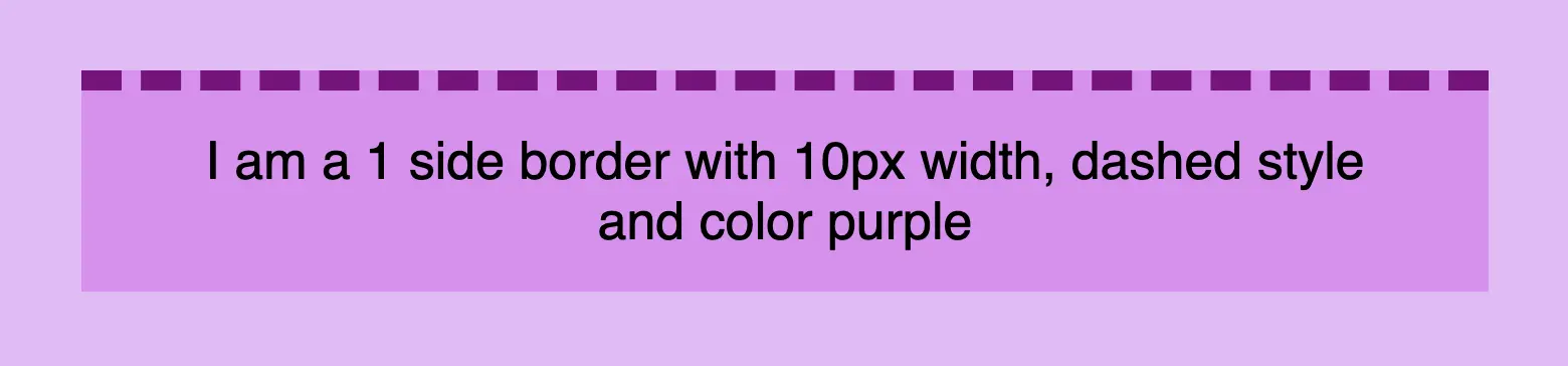 CSS border styles: This is an image that shows a box with 1 side border, 10px width, dashed style and color purple.