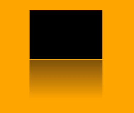 An image showing an orange background with a centered black rectangle. Below there is the css reflection effect of the rectangle. With the css opacity property.