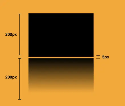 An image showing an orange background with a centered black rectangle. Below there is the css reflection effect of the rectangle. We use the pseudoelements the css background: linear-gradient and the opacity.