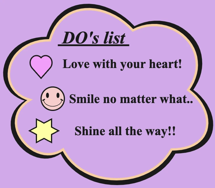 A cloud with a list of three items, each with a different bullet shape (heart, smiling face, star). The list reads: "1. Love with all your heart, 2. Smile no matter what, 3. Shine all the way."