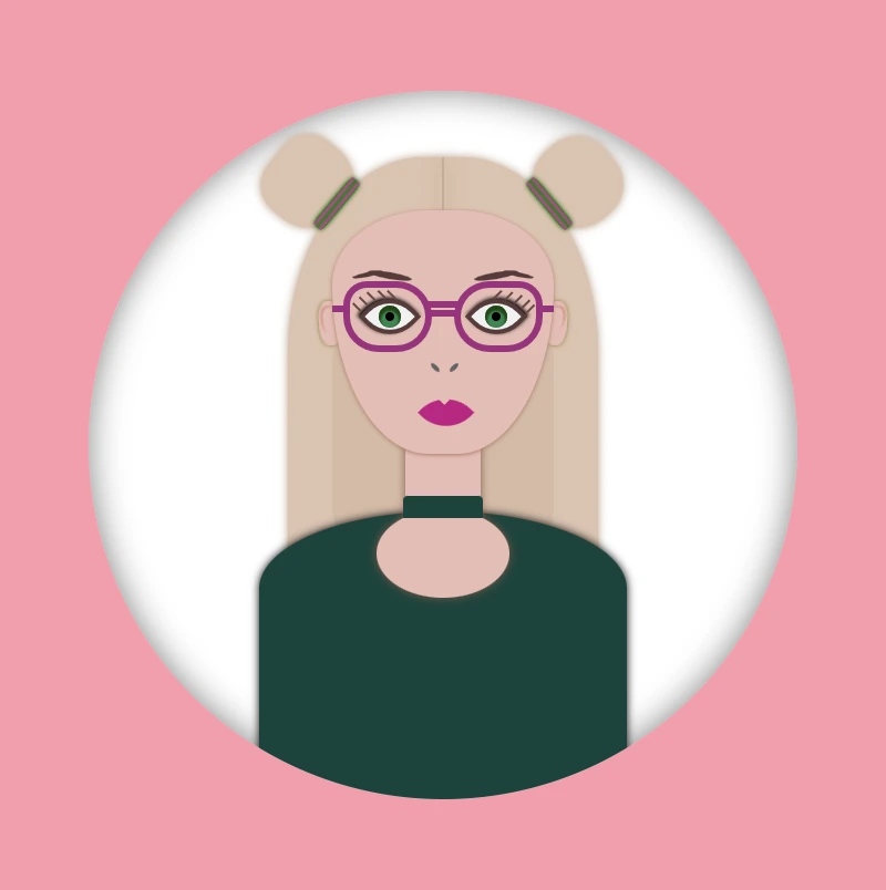 The front side of our 2d card. It is a blond girl with two space buns and green eyes. It wears magenta eyeglasses, magenta lipstick, a dark green  blouse and a neckless also dark green color.