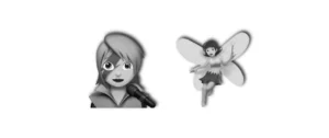 This image shows two colorful emoticons with a grayscale filter of 100%. As a result the emoticons are now displayed in various shades of gray. They also have a 2px -2px 2px gray shadow.