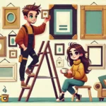 A couple decorating a wall with frames that have different colors and shapes.