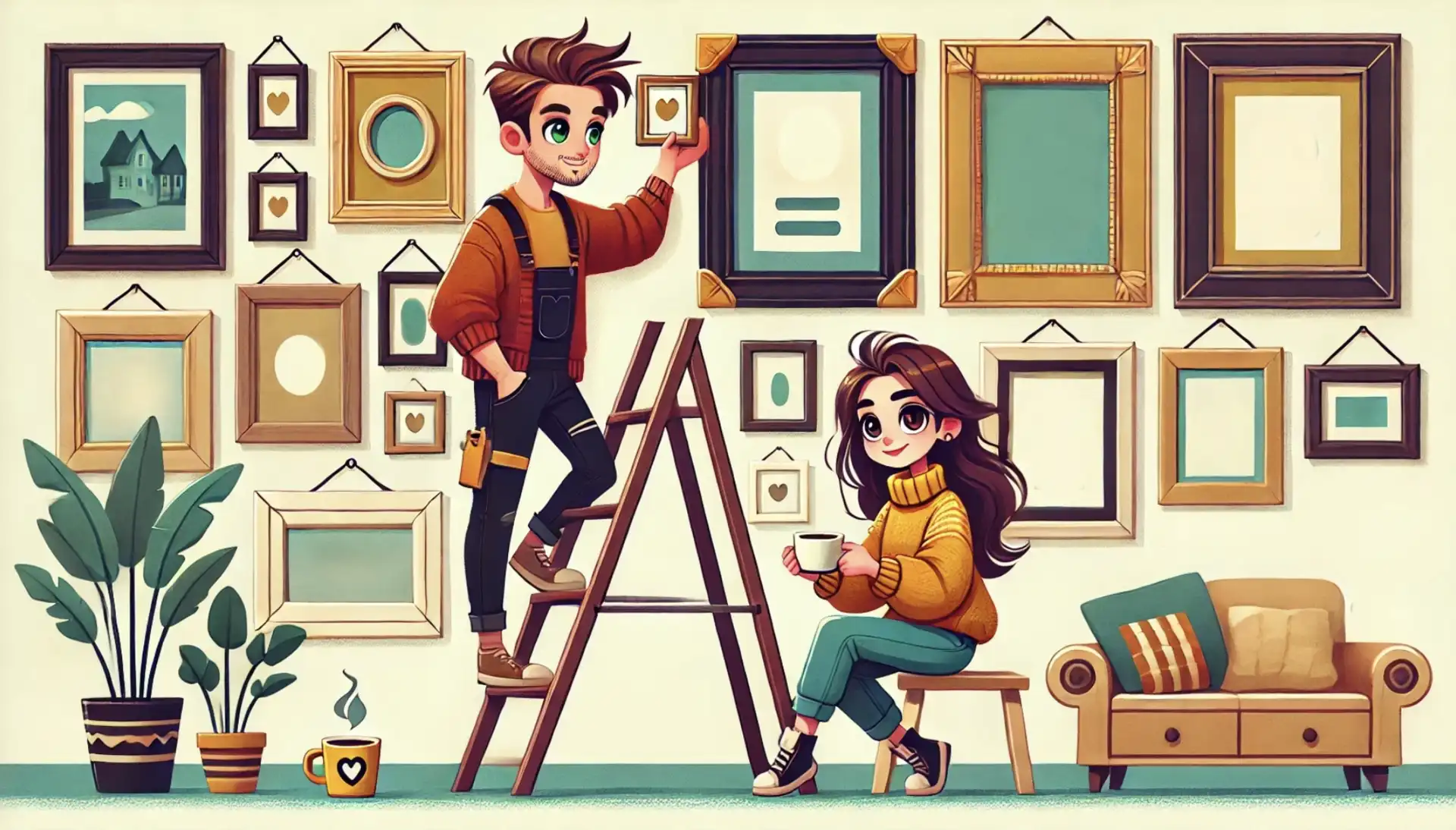 A couple decorating a wall with frames that have different colors and shapes.