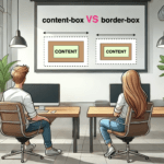 A girl and a boy on an office looking at a big screen, comparing content-box with border-box CSS properties.