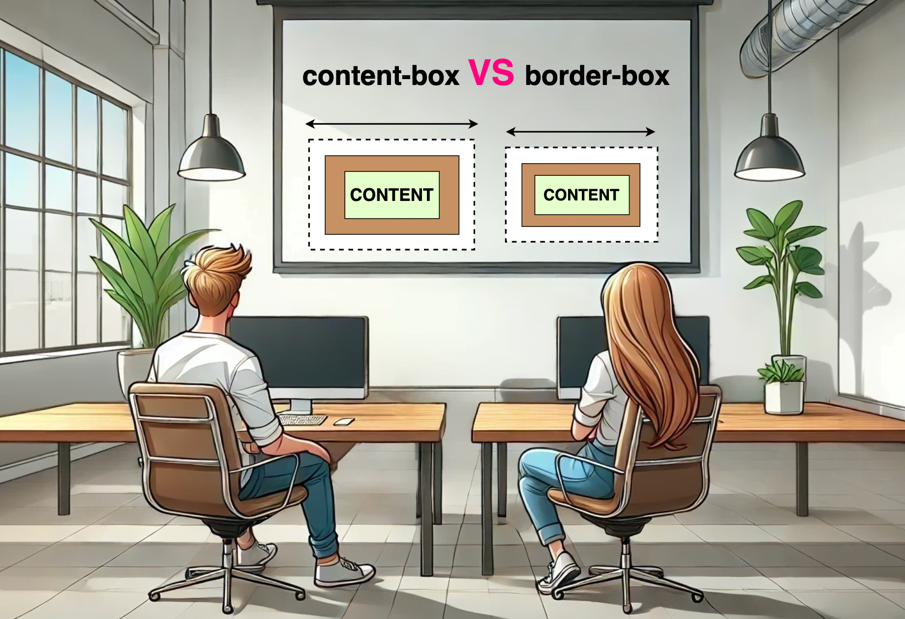 A girl and a boy on an office looking at a big screen, comparing content-box with border-box CSS properties.