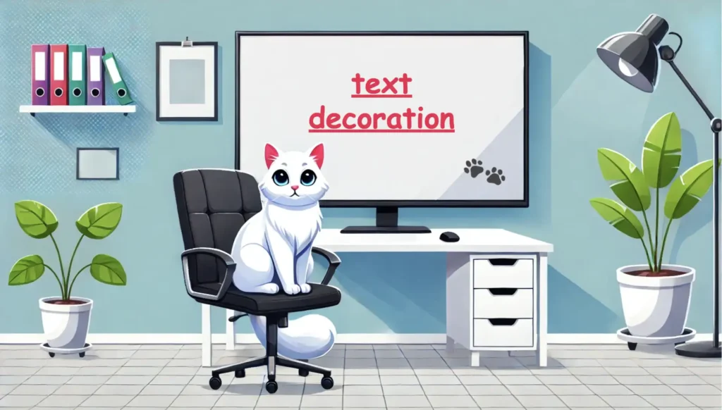 Cute cat in front of a huge screen. The screen displays "text decoration".