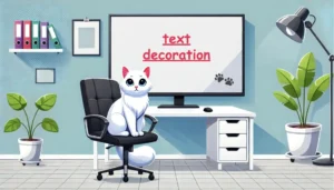 Cute cat in front of a huge screen. The screen displays "text decoration".