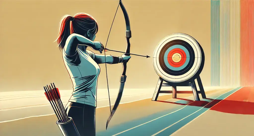 A woman shoots an arrow, hitting the target's bullseye.