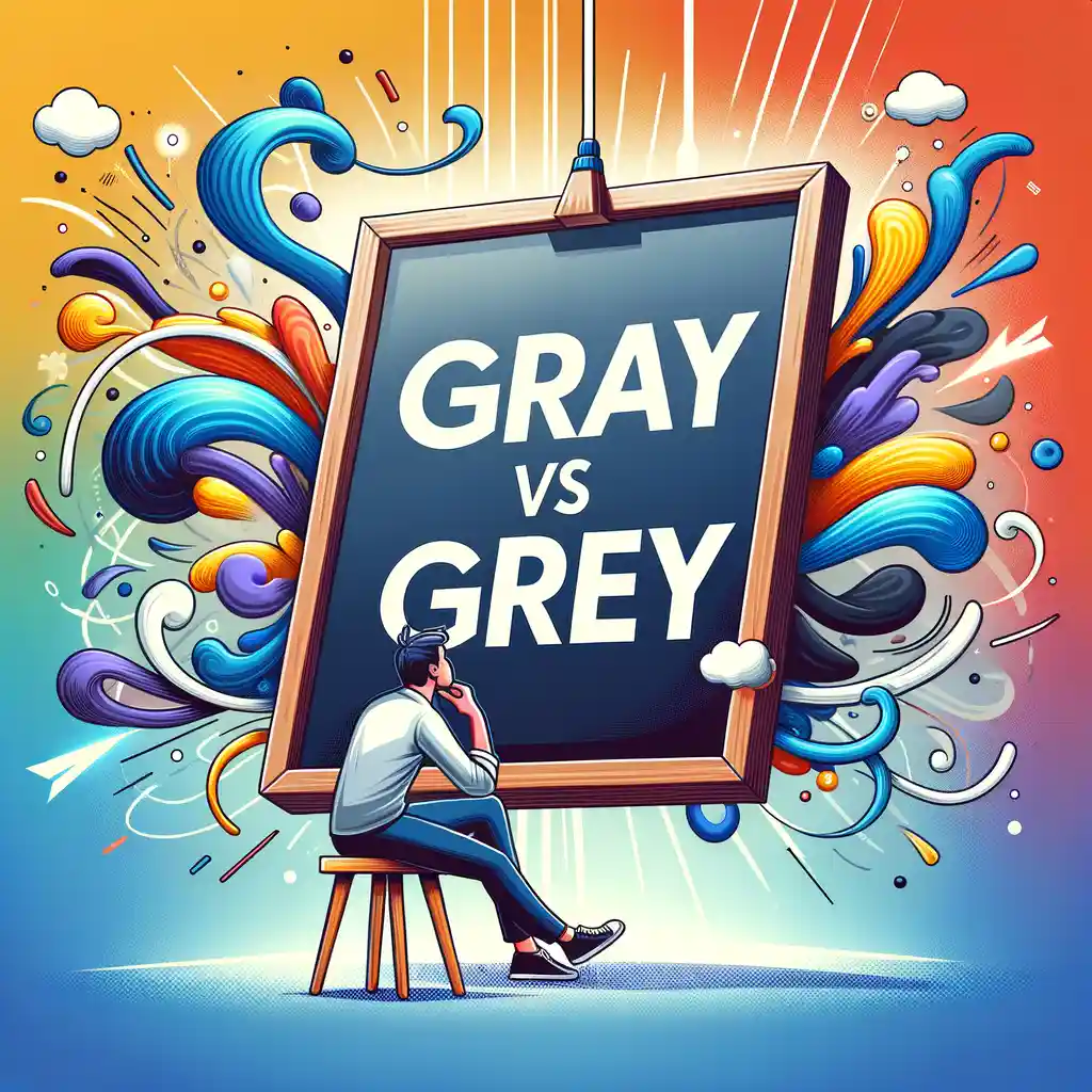 Man sitting in front of a board tht writes "Gray VS Grey"