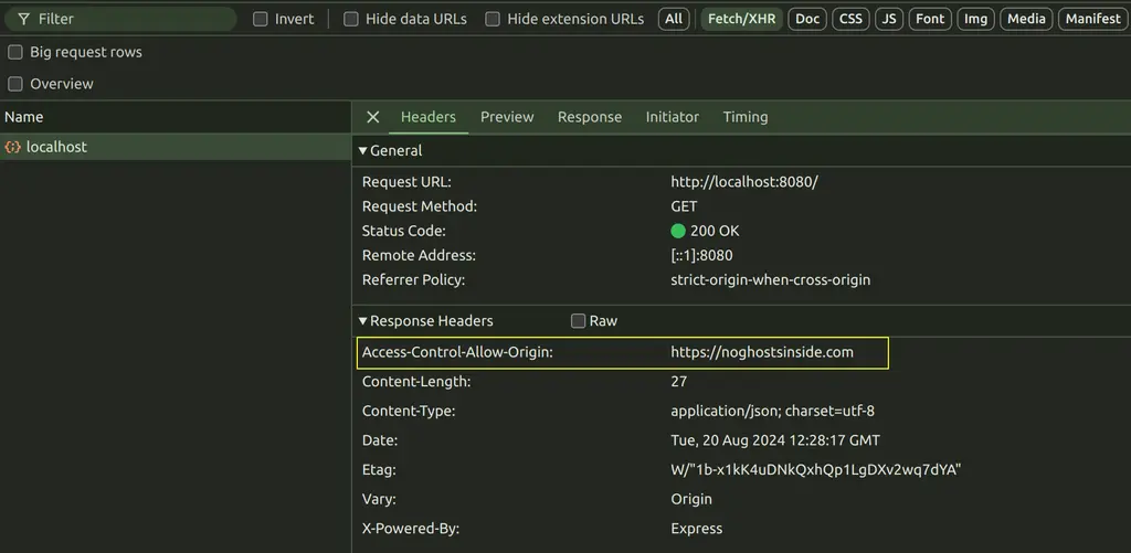 Request from browser send to server with Response Headers - Access Control Allow Origins set to "https://noghostsinside.com" - screenshot from devtools