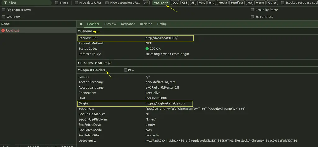 Request from browser send to server with Request Headers - Origin set to "https://noghostsinside.com" - screenshot from devtools