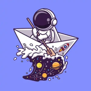 Astronaut trying to paddle in a paper boat