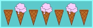 Seven ice cream cones one next to other. The 2nd, 4th and 6th clouds  have ice cream strawberry flavor. All the others remain unaffected. We set the css nth-child(even) selector.