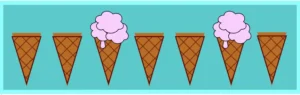 Seven ice cream cones one next to other. The 3rd and 6th have ice cream strawberry flavor. All the others remain unaffected. We set the css nth-child(3n) selector.