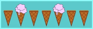 Seven ice cream cones one next to other. The 2nd and 5th have ice cream strawberry flavor. All the others remain unaffected. We set the css nth-last-child(3n) selector.