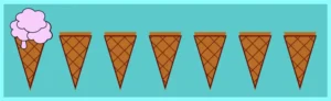 Seven ice cream cones one next to other. The first cone has ice cream strawberry flavor.  All the others remain unaffected. We set the css nth-child(1) selector.