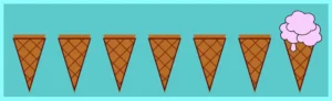 Seven ice cream cones one next to other. The last cone has ice cream strawberry flavor.  All the others remain unaffected. We set the css nth-last-child(1) selector.