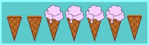 Seven ice cream cones one next to other. From the third cone up to sixth first have ice cream strawberry flavor. All the other cones (1st, 2nd, 7th) remain unaffected. We set the css nth-child(n + 3):nth-child(-n + 6) selector.