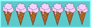 Seven ice cream cones one next to other. All of them have ice cream strawberry flavor. We set the css nth-child(n) selector.