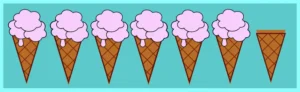 Seven ice cream cones one next to other. The last one remain unaffected.  All the others have ice cream strawberry flavor. We set the css :not(:nth-last-child(1)) selector.