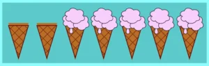 Seven ice cream cones one next to other. The two first remain unaffected.  From the third all the others till the end have ice cream strawberry flavor. We set the css nth-child(n + 3) selector.