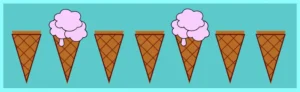 Seven ice cream cones one next to other. The 2nd and 5th have ice cream strawberry flavor. All the other cones (1st, 3rd, 4th, 6th and 7th) remain unaffected. We set the css nth-child(3n + 1) selector.