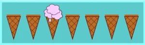 Seven ice cream cones one next to other. The third cone has ice cream strawberry flavor.  All the others remain unaffected. We set the css nth-child(3) selector.