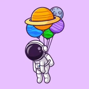 Tired astronaut floating with planet baloon.