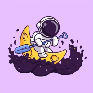 Astronaut paddling moon boat in space.