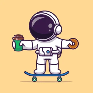 Astronaut playing skateboard with coffee and donut.