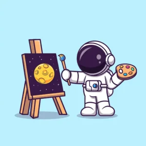 Astronaut painting the moon holding brash and color palette.