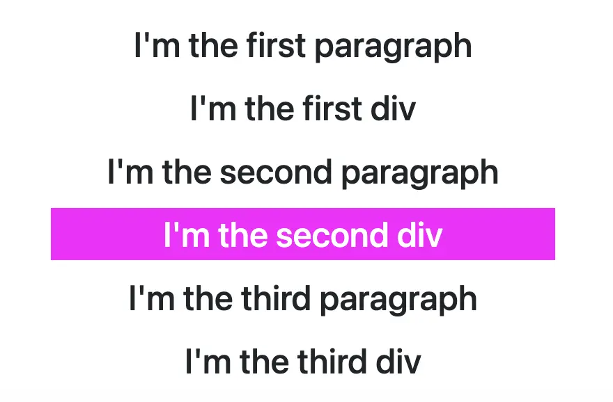 This image shows sibling <p> and <div> elements. The second <div> element is styled differently using the div:nth-of-type(2) CSS selector, with 2 inside the parentheses and div preceding the selector.