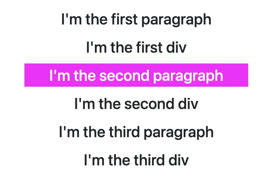 This image shows sibling <p> and <div> elements. The second <p> element is styled differently using the p:nth-of-type(2) CSS selector, with 2 inside the parentheses and p preceding the selector