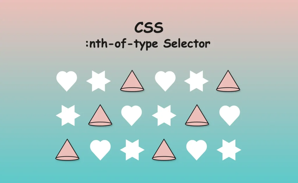 Image showing different shapes. They all have the same color apart from cones that have different based on the CSS nth-of-type selector.