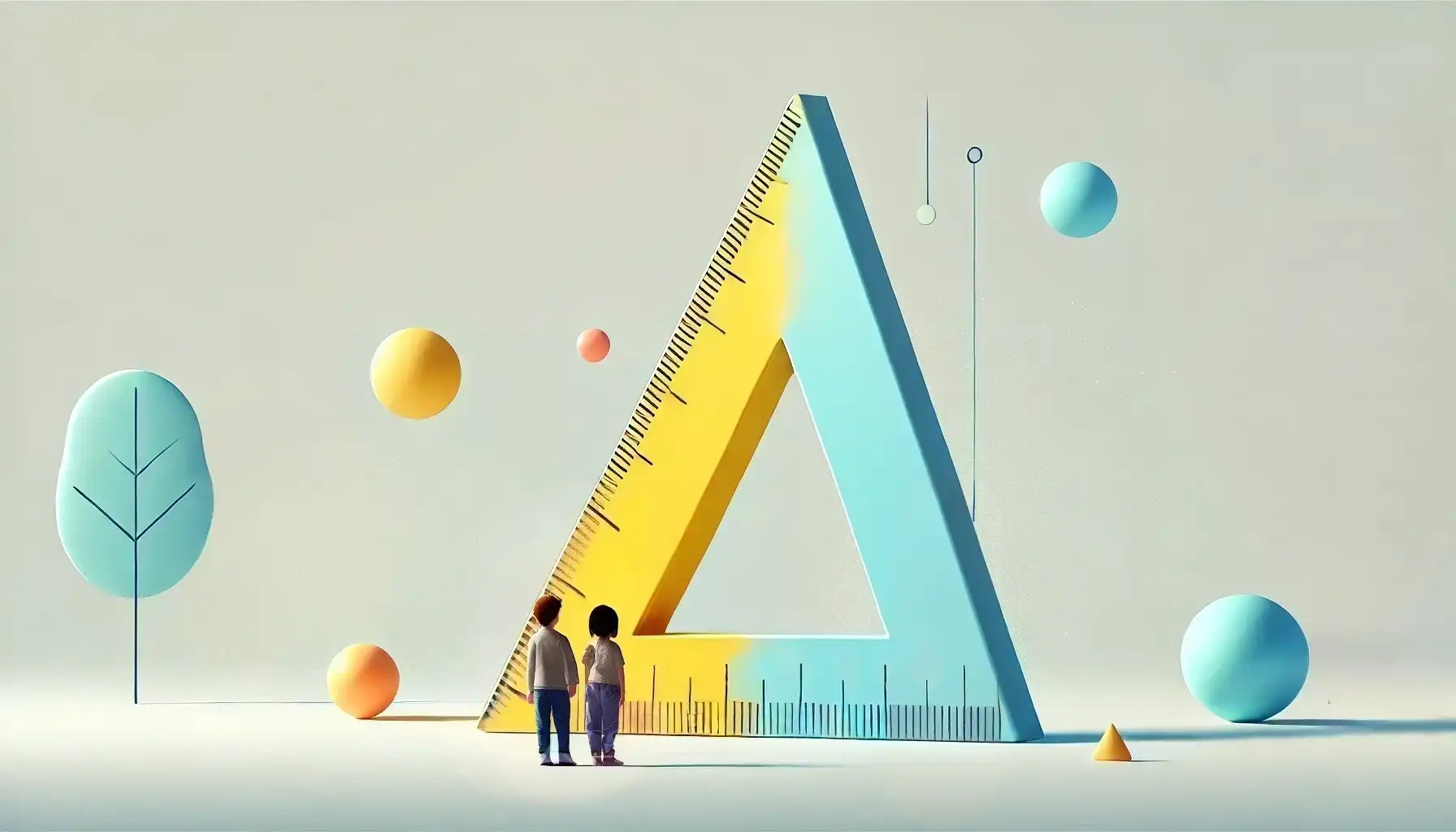 Two tiny people looking at a huge triangle ruler.