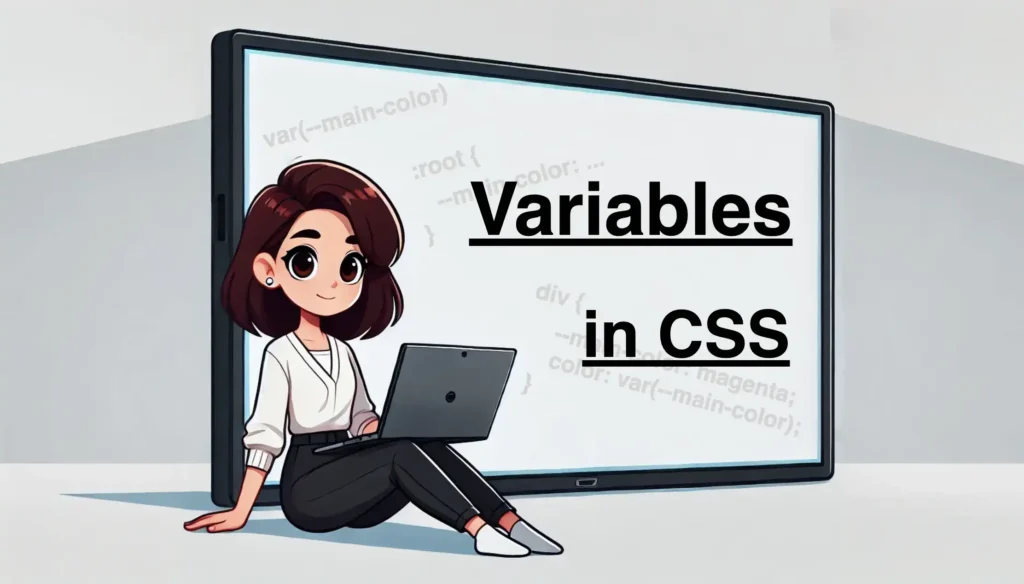 Girl sitting in front of a huge screen holding laptop. The screen has variables written on and a title saying Variables in CSS.