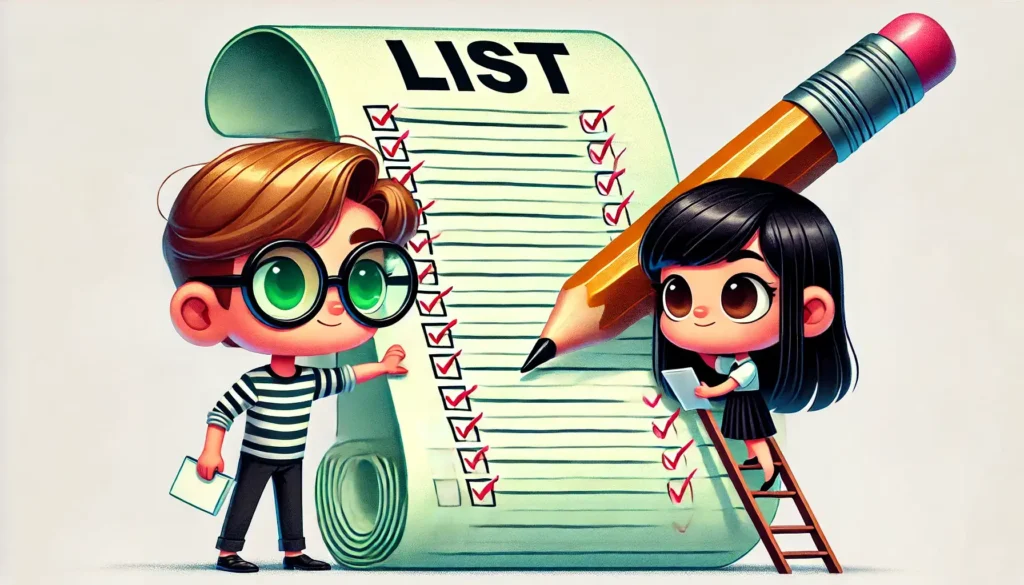 Boy and girl checking a huge list with tick marks holding a huge pencil.