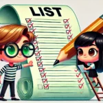 Boy and girl checking a huge list with tick marks holding a huge pencil.