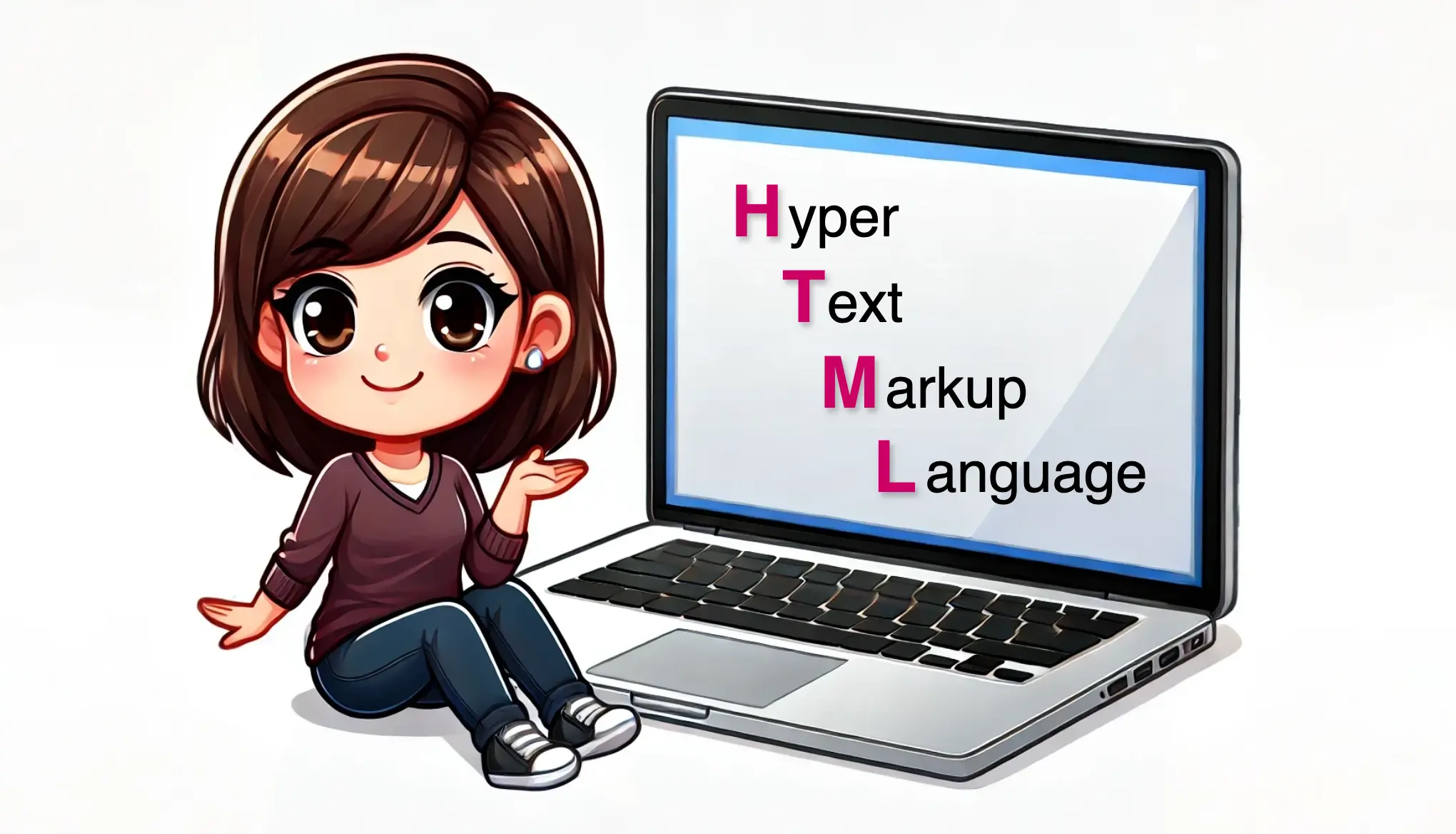 A girl siiting next to a huge screen that has the "Hyper Text Markup Language" written on